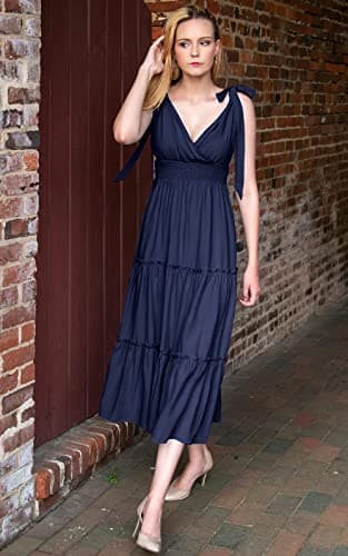 PRETTYGARDEN Women's Dress Spaghetti Strap Shoulder Knot Wrap Neck Summer Dresses Ruffle Hem Smocked High Waist Sleeveless Tiered Maxi Dress (Navy,Large) - Image 6