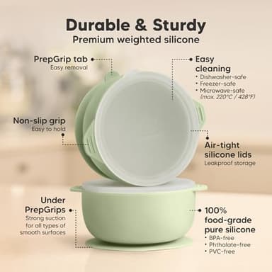 KeaBabies 2-Pack Baby Bowls with Suctions, Lids - Silicone Toddler Suction Bowls for Baby Boy, Girl, Kids, Food Grade Silicone, BPA-Free, Dishwasher Safe, Toddler Eating Essentials (Sage) - Image 3