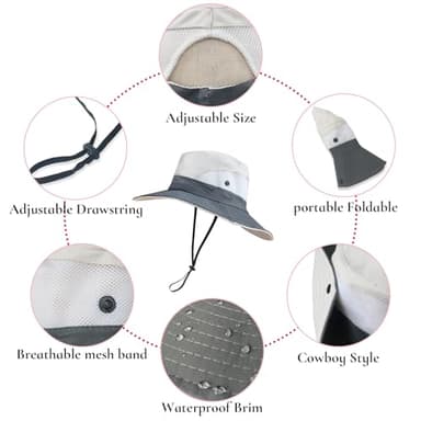 NPQQUAN Ponytail Sun Bucket Hat for Women Men Wide Brim UPF 50+ Fishing & Beach Hats Pink/Grey - Image 5