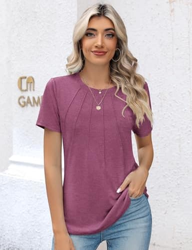 Kistore Tops for Women Casual Spring Classic Fit Pleated Crew Neck Short Sleeve Cotton Tunic T-Shirts Mauve XL - Image 4