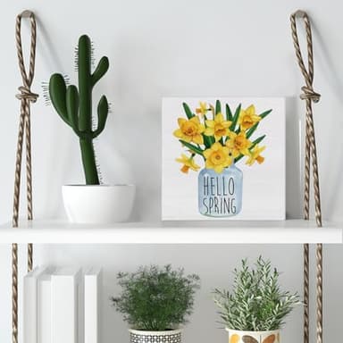 Spring Decor - Hello Spring Decorations - Floral Wooden Decorative Sign - Rustic Home Decor for Desk Table Shelf 5 x 5 Inches - Image 6