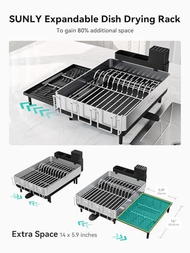 SUNLY Large Dish Drying Rack, Expandable Dish Racks for Kitchen Counter, Space Saving 304 Stainless Steel Drying Rack Kitchen, Extra Large Drainer with Multifunctional Flip Up Pegs, Black - Image 3