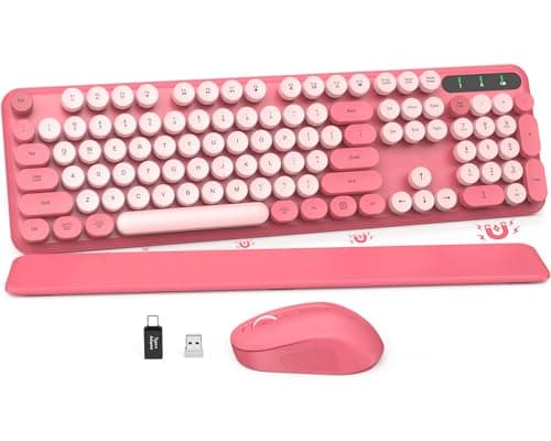 Wireless Keyboard and Mouse Combo - Round Keycaps, Full-Size Retro Typewriter Keyboard with Detachable Wrist Rest, Sleep Mode & Tilt Legs, 2.4GHz Cordless Connection for Mac/Windows/PC (Hot Pink) - Image 1