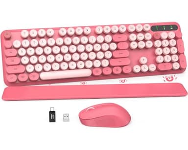 Wireless Keyboard and Mouse Combo - Round Keycaps, Full-Size Retro Typewriter Keyboard with Detachable Wrist Rest, Sleep Mode & Tilt Legs, 2.4GHz Cordless Connection for Mac/Windows/PC (Hot Pink) - Image 1