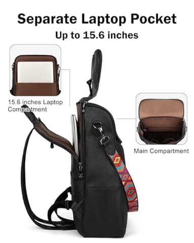 FADEON Laptop Backpack for Women Leather Travel Backpack with Laptop Compartment, Designer PU Shoulder Laptop Bag Black - Image 2