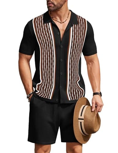 COOFANDY Men's 2 Pieces Short Set Short Sleeve Vintage Button Down Shirts and Summer Pants Casual Beach Outfits - Image 1
