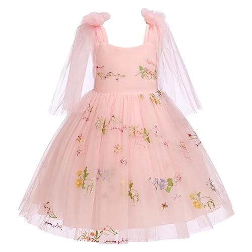 Toddler Birthday Dress, Tutu Dress for Girls Baby Boho Lace Hippie Flower Puffy Wedding Party Dance Gown for Kids Photoshoot Baptism Summer Floral Tulle Beach Clothes Pink & Floral 5-6 Years - Image 1