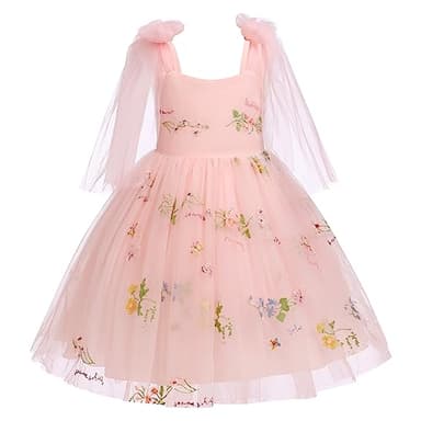 Toddler Birthday Dress, Tutu Dress for Girls Baby Boho Lace Hippie Flower Puffy Wedding Party Dance Gown for Kids Photoshoot Baptism Summer Floral Tulle Beach Clothes Pink & Floral 5-6 Years - Image 1