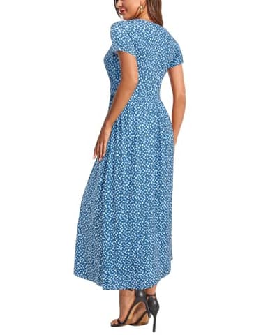 OUGES Women's V-Neck Pattern Pocket Maxi Long Matenity Dress for Baby Shower(Floral-51,L) - Image 4