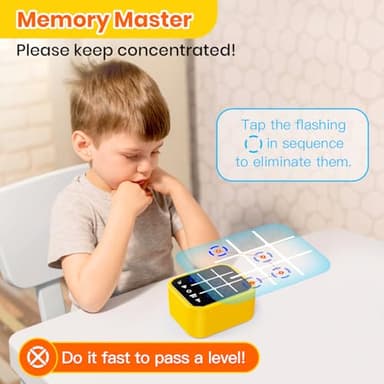 Focfundier Rechargeable Tic Tac Toe Game Box, Upgraded 5 Fun Brain and Memory Games, Compact Handheld Game Console, Portable Puzzle Travel Game Ideal Gifts for All Ages 3+ (Yellow) - Image 7