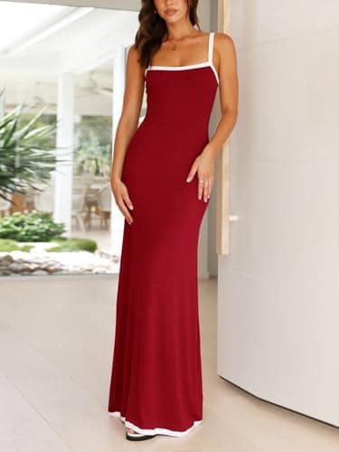 IYICLOTH Women's Spaghetti Straps Maxi Dress Sleeveless Square Neck Sexy Bodycon Ribbed Party Cocktail Long Dresses Wine - Image 4
