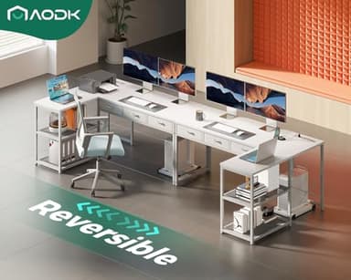 AODK 53 Inch L Shaped Computer Desk with Drawers, Corner Desk with Power Outlets & Reversible Storage Shelves, Movable CPU Stand for Home Office Gaming, White - Image 5