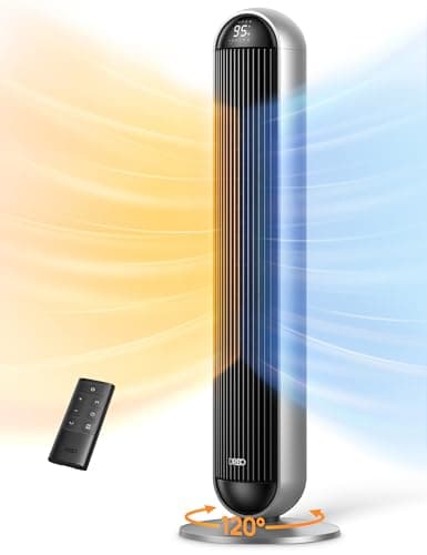 Dreo Tower Fan and Heater Combo, 29.2ft/s Standing Fans for Bedroom, 17 Levels, 6 Modes, 120° Oscillation, 42 Inch, 12H Timer, 25dB Quiet, with Remote, for Office, Large Room, Silver - Image 1