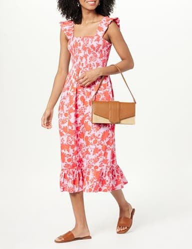The Drop Women's Kimi Ruffled Shoulder Smocked Midi Dress, Pink/Orange Floral Print, L - Image 4