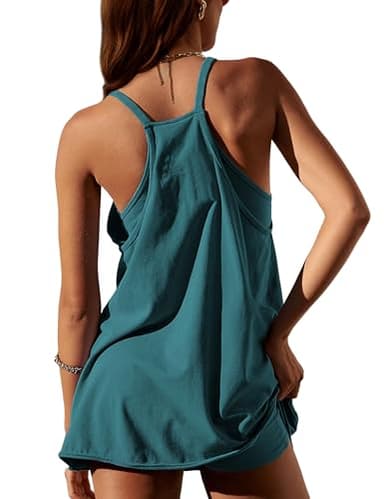 Zhiyouni Women's Summer Sleeveless Mini Dress V Neck Spaghetti Straps Athletic Built-in Shorts Sundress(DarkGreen-M) - Image 2
