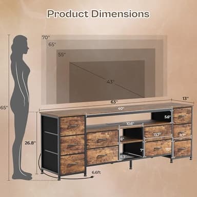 Huuger 63 Inch LED TV Stand Dresser with Power Outlets, USB-C Port and LED Lights, 10 Fabric Drawer Dresser for Bedroom, Long Entertainment Center for 65, 70 Inch TV, Open Shelves, Rustic Brown - Image 3