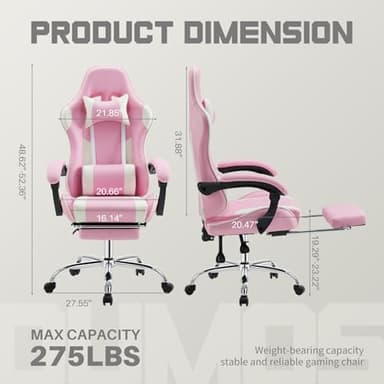 DUMOS Ergonomic Gaming Office Desk Chair with Footrest and Headrest for Adults, PU Leather Video Computer Chair with Linkage Armrests, Height Adjustable 360° Swivel Recling Chair, White Pink - Image 3