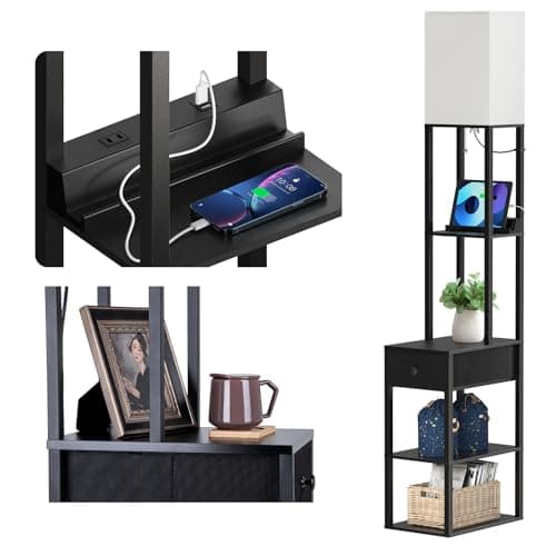 addlon Floor lamp with 2 USB, 1 Outlet and Drawer, 3 Color Temperatures LED Bulb (9W), Sofa lamp with White lampshade, Display Floor lamp with Shelves for Living Room, Bedroom and Office - Black - Image 1