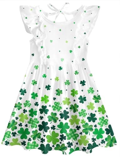 Toddler St Patricks Day Dress 6T 7T Saint Patricks Irish Dress Size 6 7 Green Ruffle Summer Dress Cute Sleeveless Sundress Family Matching Outfits for Casual School Party - Image 1