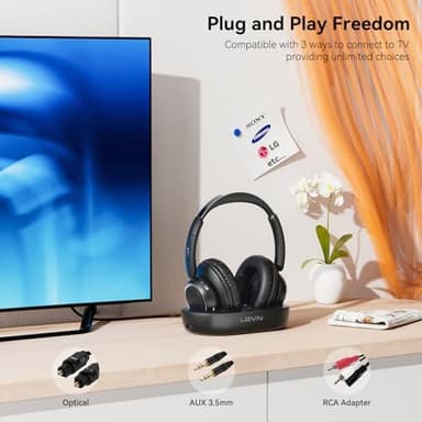 LEVN Wireless Headphones for TV Watching, TV Headphones Wireless for Seniors with Transmitter Charging Base, Hearing-impaired, No Audio Delay Blutooth 5.2, Plug and Play, Gifts for Elderly - Image 5