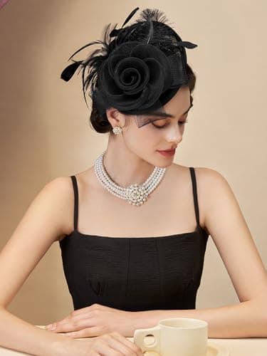 SWEETV Flower Sinamay Tea Party Fascinators for Women, Kentucky Tea Hat Derby Hats for Church, Cocktail, Wedding, Fancy Dress Party, Black - Image 3