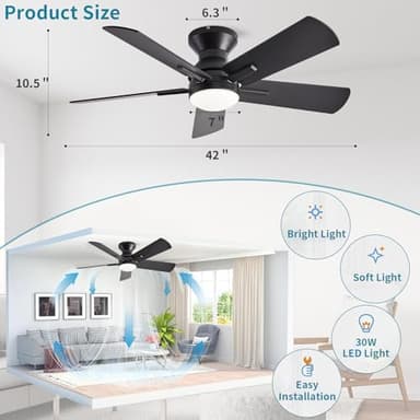Tinxumb 42" Ceiling Fans with Lights and Remote, Low Profile Flush Mount Modern Ceiling Fan for Bedroom, Kitchen, kids room, 6 Speeds, Quiet DC Motor, Super Bright, UL Listed - Image 2