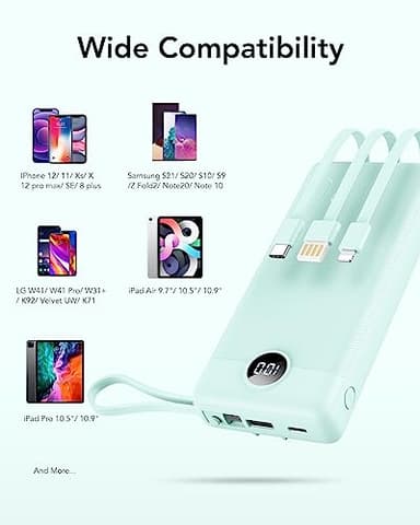 VRURC Portable Charger 20000mAh, Built-in Cables Fast Charging Power Bank, PD QC 3.0 Travel Essentials Battery Pack, 4 Output & 2 Input Phone Charger for iPhone16 15 14 13 X, Samsung, Android-Green - Image 9