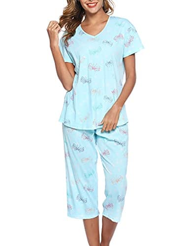 ENJOYNIGHT Womens Pajama Sets Cotton Pj Set Short Sleeve Top With Capri Pants Sleepwear 2 Piece Lounge Set(XX-Large, BL-Butterfly) - Image 3