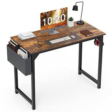 Computer Desk Small Office Desk 40 Inch Writing Desks Small Space Desk Study Table Modern Simple Style Work Table with Storage Bag Headphone Hook Wooden Tabletop Metal Frame for Home, Bedroom - Image 1