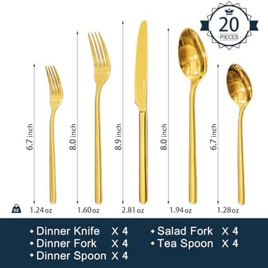 KINGSTONE Gold Silverware Set, 20 Piece Flatware Cutlery Set for 4, 18/10 Stainless Steel Silverware Mirror Polished Dishwasher Safe for Home, Restaurant, Wedding, Party(Gold, 20 pieces for 4) - Image 2