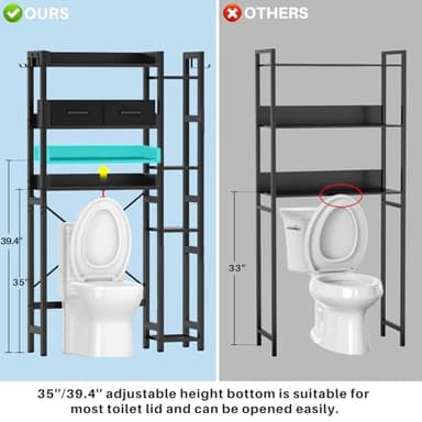 Over The Toilet Storage with 2 Drawers - 7 Tier Bathroom Organizer with Adjustable Shelf, Freestanding Space Saver Storage Rack Above Toilet Stand with 4 Hooks for Restroom, Laundry, Black - Image 8