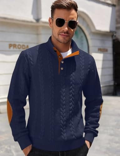 QOSOQ Men's Cable Knit Pullover Sweater Casual Long Sleeve Stand Collar Quarter Button Knitted Sweatshirts Quilted Sweatshirt Navy - Image 2