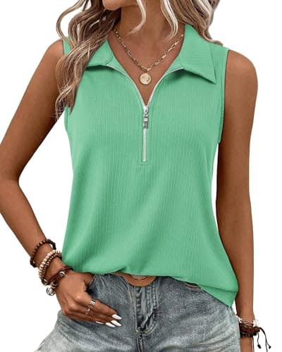 Vivilli Tops for Women Trendy Spring Summer Tank Top Sleeveless Blouses Casual Work Clothes Women's Polo Shirts Zip Ladies Resort Wear Office Outfits Business Cute Tunic Ribbed Tanks Pool Blue XL - Image 1