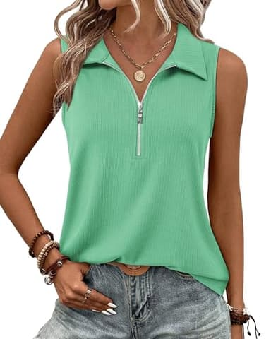Vivilli Tops for Women Trendy Spring Summer Tank Top Sleeveless Blouses Casual Work Clothes Women's Polo Shirts Zip Ladies Resort Wear Office Outfits Business Cute Tunic Ribbed Tanks Pool Blue XL - Image 1