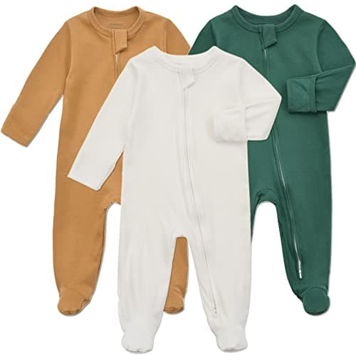 Aablexema Baby Footie Pajama with Mitten Cuffs, Double Zipper Infant Cotton clothes Sleeper Pjs, Footed Sleep Play(White & Green & Khaki,0-3 Months) - Image 1