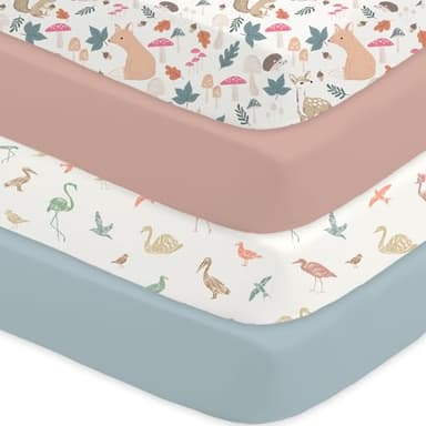 Bimocosy Crib Sheets for Boys Girls, Fitted Crib Sheet 4 Pack for Standard Crib and Toddler Mattresses, Super Soft Breathable Microfiber Baby Sheet 28x52x8in, Wetland Birds/Squirrel/Mauve/Fog Blue - Image 1