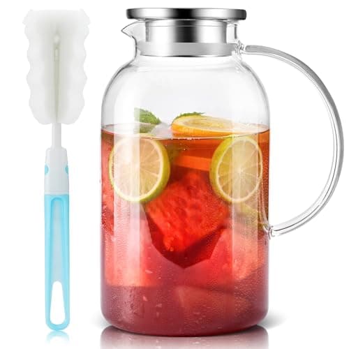 SUSTEAS 2.2 Liter 75oz Glass Pitcher with Lid, Easy Clean Heat Resistant Glass Water Carafe with Handle for Hot/Cold Beverages - Water, Cold Brew, Iced Tea & Juice, 1 Long-Handled Brush Included - Image 1