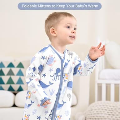 FIEMOL Baby Sleep Sack 6-12 Months, Long Sleeve Baby Wearable Blanket 0.5 Tog with Mittens, 2-Way Zipper Infant Cotton Sleeping Sack for Boy and Girl Blue Sea 2 Pack (Medium) - Image 6