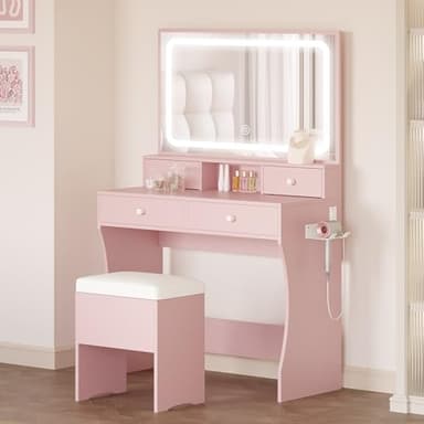 LIKIMIO Makeup Vanity Desk with Mirror and Lights, Pink Makeup Vanity Table Set with Stool Drawers, Power Socket, Dressing Table with 3 Lighting Colors, Vanities for Bedrooms - Image 1