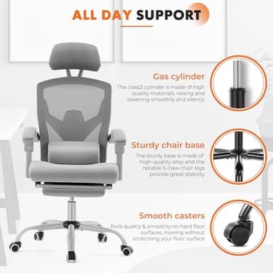 Sweetcrispy Office Computer Desk Chair with Footrest,Ergonomic High-Back Mesh Rolling Work Swivel Chairs with Wheels,Comfortable Lumbar Support,Comfy Arms for Home,Bedroom,Study,Student,Light Grey - Image 6