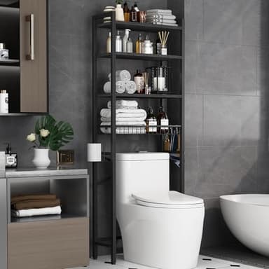 Kalrin Over-The-Toilet Storage Rack, 4-Tier Bathroom Organizer Shelf Over Toilet with Adjustable Shelf and Basket, Freestanding Space Saver Bathroom Shelves Above Toilet for Room (Pure Black) - Image 1