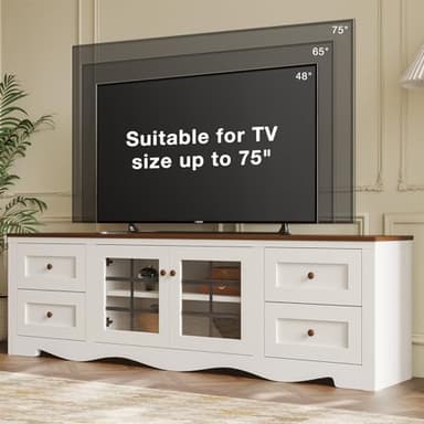 oneinmil 70" Modern TV Stands for for Living Room, Wood Entertainment Center with 4 Large Drawers, TV Console with Glass Door Storage Cabinet, TV Stand for TVs up to 75", White - Image 7