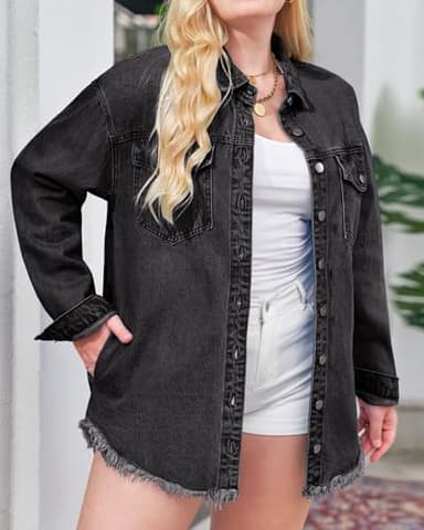Vetinee Oversized Boyfriend Denim Jean Jacket for Women - Black, Front Button, Raw Hem, Long Sleeve, Pockets - Size 16, 18 - Image 7