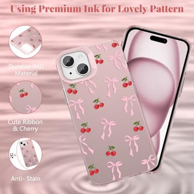 ZTOFERA for iPhone 14 Plus/15 Plus Case,Cute Pink Ribbon Bow Tie Planet Star Floral Aesthetic Phone Case,Trendy Slim Hard IMD Shockproof Protective Bumper Phone Cover for Women Girls,Cherry - Image 3
