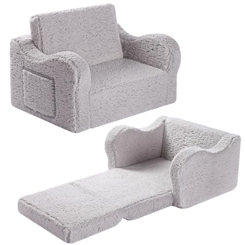 MOMCAYWEX Kids Chairs for Toddler, 2-in-1 Toddler Soft Sherpa Couch Fold Out, Convertible Sofa to Lounger for Girls and Boys, Grey - Image 1