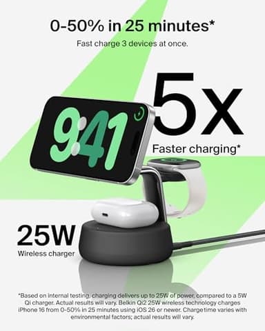 Belkin MagSafe Charger Compatible, 3-in-1 Charging Station, Qi2.2 25W w/Cooling Fan (On/Off Control) Magnetic Wireless Charger for iPhone 17, Apple Watch, AirPods, Pixel 10 (45W Adapter Included) - Image 2