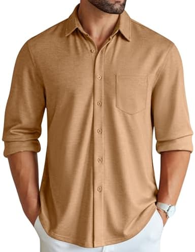 COOFANDY Men's Business Casual Shirt Long Sleeve Button Down Relaxed Fit Shirt Light Brown - Image 1