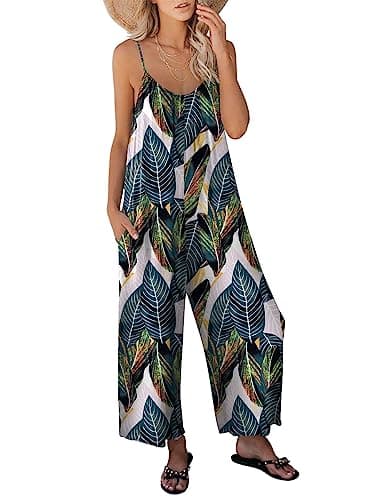 ANRABESS Women Jumpsuits 2025 Casual Sleeveless Spaghetti Strap Boho Wide Leg Rompers Dressy Summer Outfits Vacation Clothes Leaf print XX-Large - Image 1