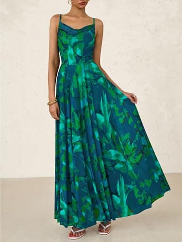 BTFBM Women Summer Floral Maxi Dresses Elegant Spaghetti Strap Dress Printed Party Dress Beach Long Dresses(Floral Green,Large) - Image 7