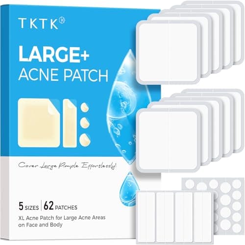 TKTK Large Pimple Patches, 60 mm XL Acne Patches, Big Hydrocolloid Bandages for Body, Face, Forehead, Chin, Neck Zit Breakouts, Hydrocolloid Patch (Square, Strip, Dot 5 Sizes 62 Count) - Image 1